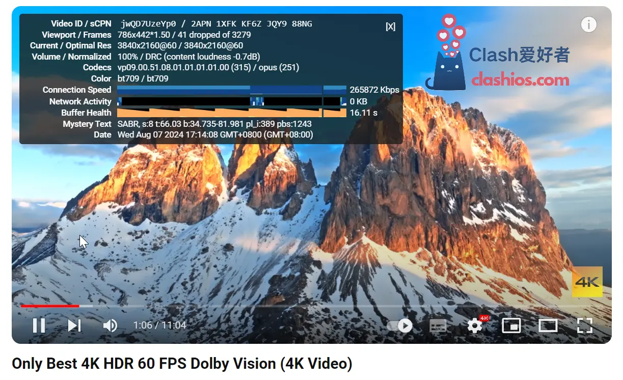 守候网络 YouTube 4K 播放测试